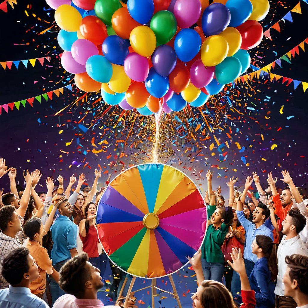 A lively scene of a festive event with colorful balloons and banners, showcasing excited participants eagerly gathering around a large spinning prize wheel, confetti falling from above, and a glowing sign that reads 'Lucky Draw' in vibrant letters. People of diverse backgrounds celebrating and smiling, embodying the thrill of winning. Bright and cheerful atmosphere emphasized by dynamic lighting. super-realistic. vibrant colors. upbeat mood.