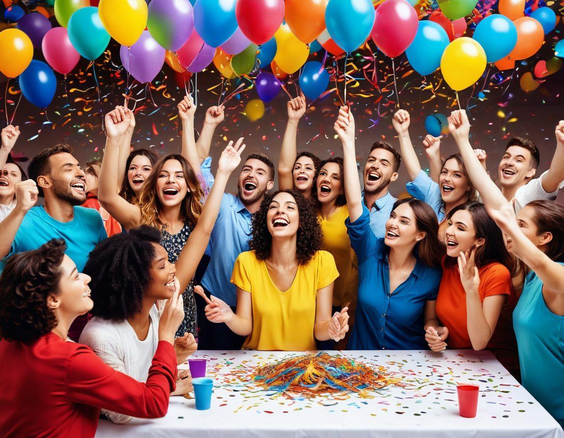 A vibrant celebration scene filled with joyful people eagerly participating in a raffle, balloons and streamers decorating the background. A colorful table piled with raffle tickets and prizes, radiating excitement and anticipation. Smiling faces of diverse individuals celebrating together, capturing the essence of joyful events. Bright confetti falling from above, creating a festive atmosphere. cheerful and lively art style, bright colors.