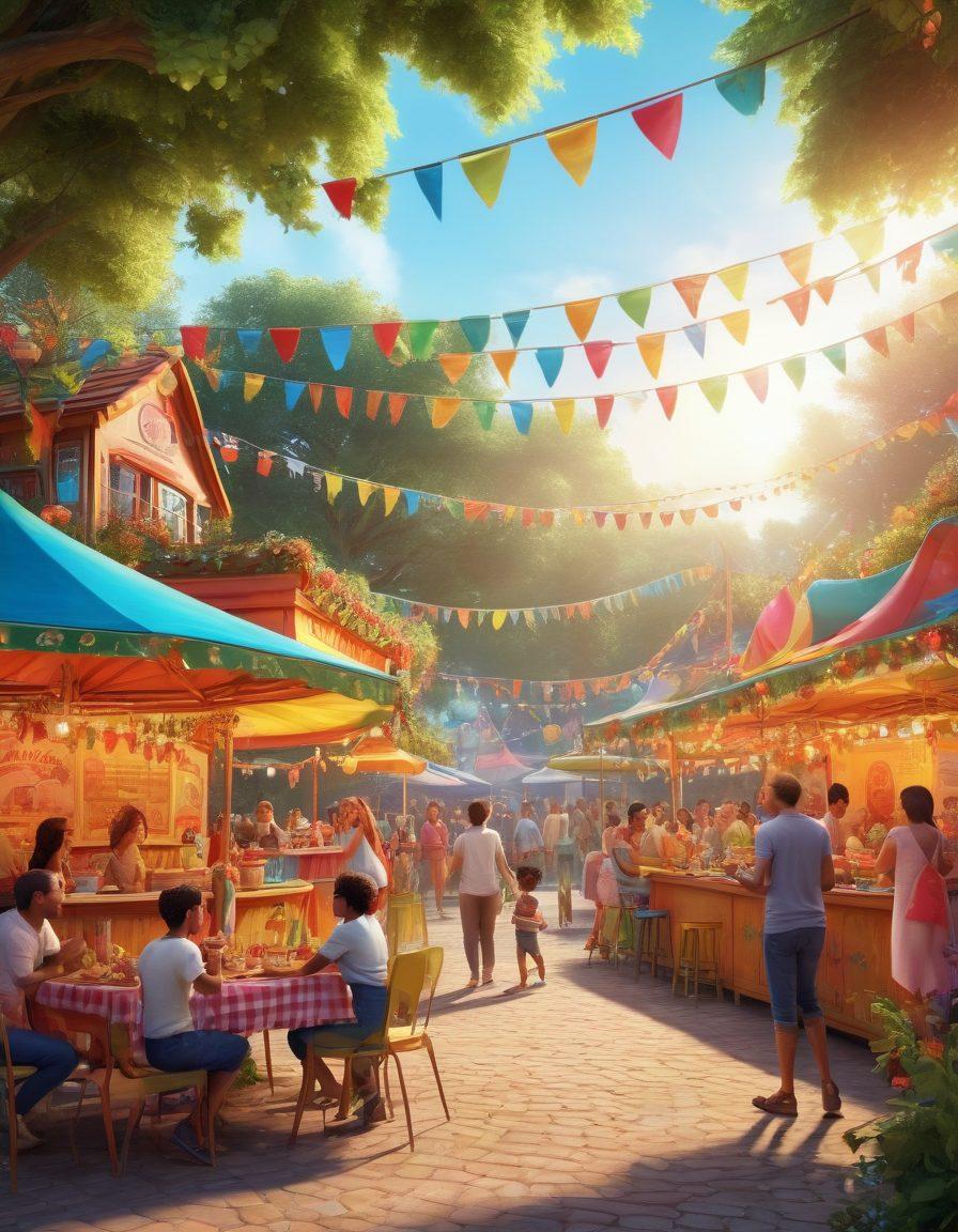 A colorful celebration scene featuring families enjoying various activities like games, food stalls, and live music, surrounded by joy and laughter. Include diverse groups of people connecting and interacting, with festive decorations and a community banner overhead. The atmosphere should radiate happiness and unity in a park setting. super-realistic. vibrant colors. 3D.